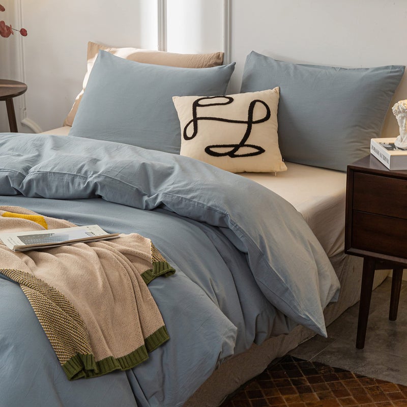 Janlive Washed Cotton Duvet Cover Oueen Ultra Soft 100% Cotton Solid Color Grayish Blue Duvet Cover Set with Zipper Closure -3 Pieces Grayish Blue Queen - Image 4